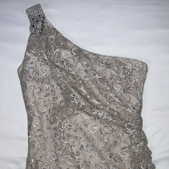 Calvin Klein Formal Dress Size 4 Champagne Lace One Shoulder Side Ruching Prom - Picture 2 of 14